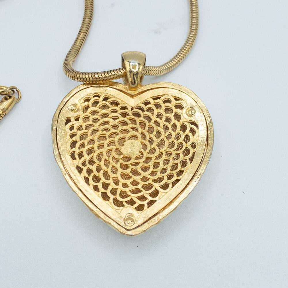 Vintage Cloisonné Enamel Heart Necklace Floral Gold Tone - Picture 3 of 7